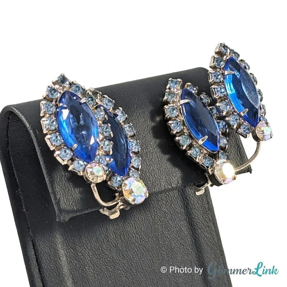 VTG Aurora Borealis Blue Rhinestone Ear Climber Silver Tone Clip On Earrings